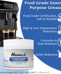 Jar of Horex Food Grade Espresso Machine Lubricant Grease NSF H1 Certified 50g shown in front of coffee machine with specifications