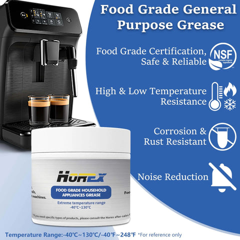 Jar of Horex Food Grade Espresso Machine Lubricant Grease NSF H1 Certified 50g shown in front of coffee machine with specifications