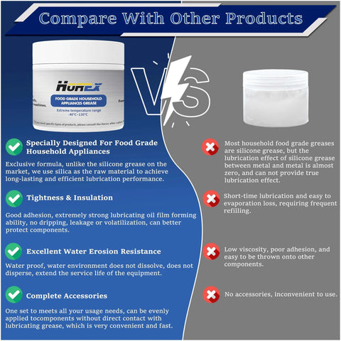 Comparison chart of Horex Food Grade Household Appliance Grease with another grease product showcasing benefits and features.