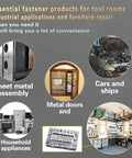 Image showing usage of Aluminum Pressure Rivet Nut Tool Kit in sheet metal, cars, metal doors, appliances, and workspaces.