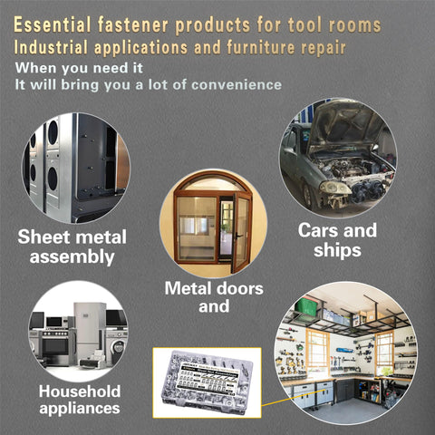 Image showing usage of Aluminum Pressure Rivet Nut Tool Kit in sheet metal, cars, metal doors, appliances, and workspaces.