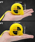 Hands holding Esydon 2 Packs Tape Measure 25 ft /16 ft with self-locking blade, showing dimensions for designers and decorators.