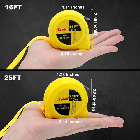 Hands holding Esydon 2 Packs Tape Measure 25 ft /16 ft with self-locking blade, showing dimensions for designers and decorators.