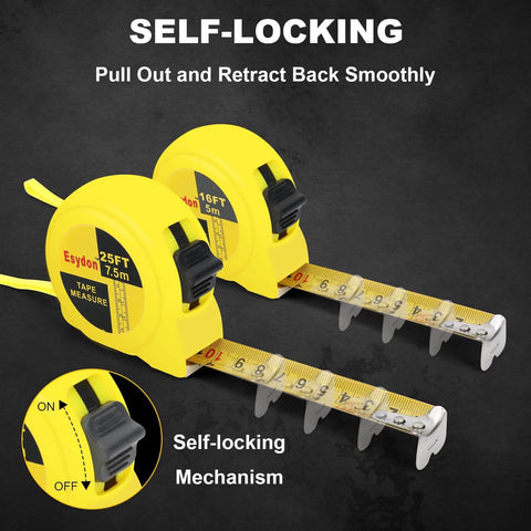2 Packs Tape Measure 25 ft /16 ft, Esydon Measuring Tape Extendable with self-locking feature, dual-scale imperial/metric for designers.