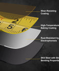 Layered view of 2 Packs Tape Measure 25 ft /16 ft, Esydon Measuring Tape Extendable material showing coatings and SK4 steel blade.