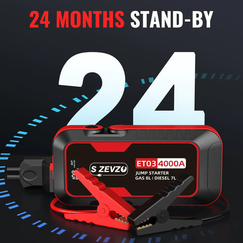 High Power 4000A Jump Starter For 12V Vehicles Up To 8.0L Gas And 7.0L Diesel Engines with clamps, displaying 24 months stand-by.
