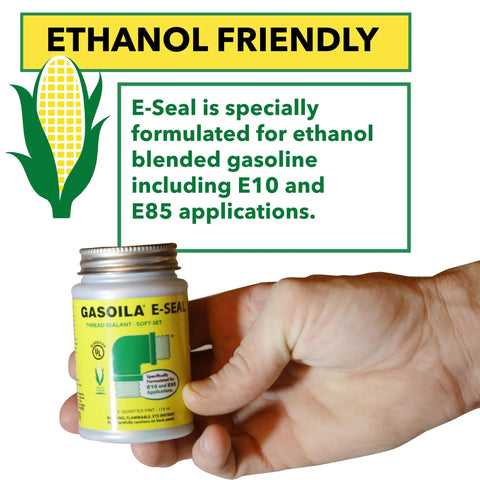 Hand holding Gasoila Leak-Proof Ethanol E10 And E85 Thread Sealant, dark green paste, one quarter pint brush-in-cap, ethanol friendly