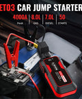 High Power 4000A Jump Starter For 12V Vehicles Up To 8.0L Gas And 7.0L Diesel Engines showing clamps on car battery