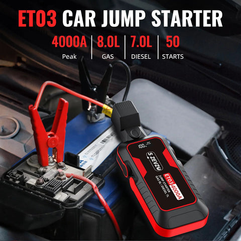 High Power 4000A Jump Starter For 12V Vehicles Up To 8.0L Gas And 7.0L Diesel Engines showing clamps on car battery