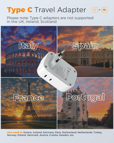 European Plug Adapter USB C 2 Pack With 4 Outlets And 3 USB Chargers Type C for Italy, Spain, France, and Portugal travel