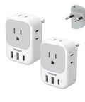 European Plug Adapter USB C 2 Pack with 4 outlets and 3 USB chargers in white, showing universal socket and plug prongs, ideal for Europe travel.