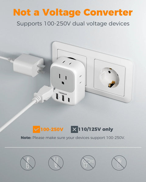 European Plug Adapter USB C 2 Pack With 4 Outlets And 3 USB Chargers Type C installed in wall socket highlighting voltage range