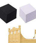 12 Pack EVA Foam Headboard Wall Protectors for Bed Frames Anti Shake Bumpers and Noise Reducers, black and white stacks shown by bed.