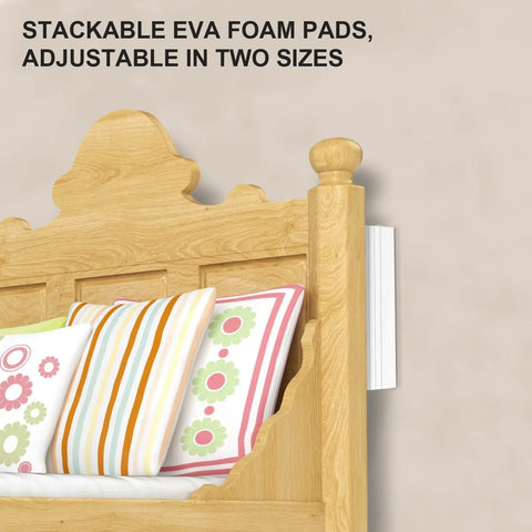 Headboard Wall Stoppers Self Adhesive EVA Foam Bumper Pads 20 Piece Set installed on wooden bed frame with colorful pillows
