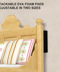 20 Pack Headboard Stoppers For Wall Cushioned EVA Foam Protectors installed behind a wooden bed headboard, stopping movement.
