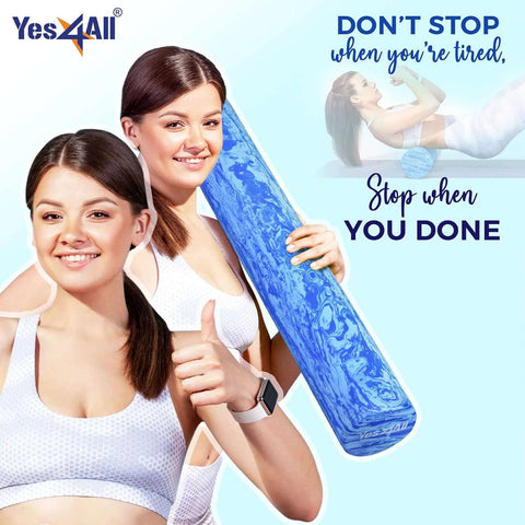 Woman holding Firm EVA Foam Roller For Back And Full Body Therapy, Round Roller For Exercise Yoga And Pilates, blue, 36 inch length