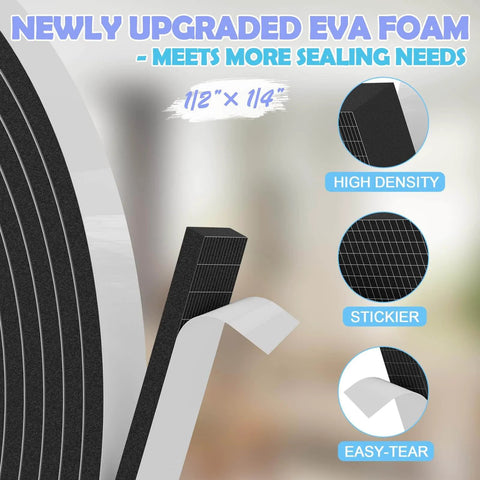 Close-up of 33FT EVA Weather Stripping Door Seal Foam Tape with Adhesive Foam Sealing Strip, showing high density and thickness labels