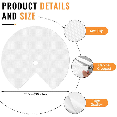 Infographic of Two Pack 31 Inch EVA Lazy Susan Shelf Liners showing anti-slip texture, crop ability, and high quality features.