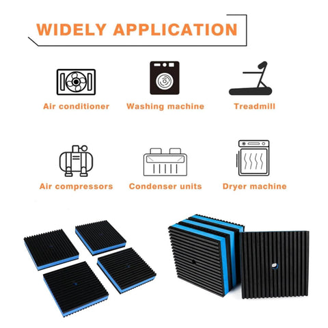 Heavy Duty EVA Rubber Anti Vibration Pads 4 By 4 Inch 7 Eighths Inch Thick 4 Pack For Washing Machine Dryer Compressor Air Conditioner Treadmill Sound Isolation Noise Reduction Floor Protection shown with applications