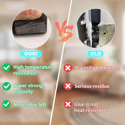 Comparison of 33FT EVA Weather Stripping Door Seal Foam Tape vs old tape, highlighting high temperature resistance and residue-free performance.