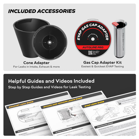 HyperSmoke Automotive Smoke Machine accessories, including cone adapter, gas cap adapter, and leak testing guides.