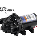 Front view of Everflo 12V On-Demand Diaphragm Sprayer Pump - 5.5GPM, 60 PSI, Quick Attach Ports with visible labeled ports.