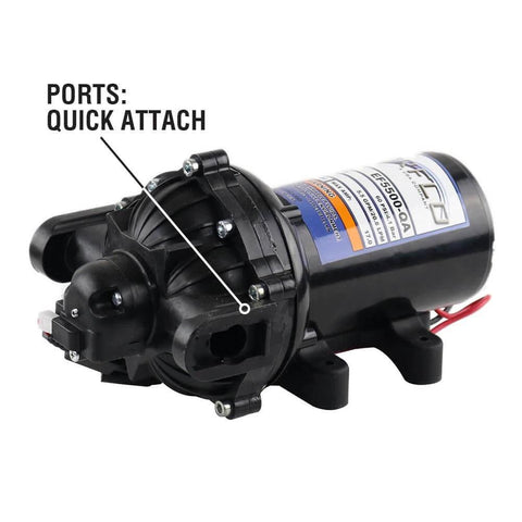 Front view of Everflo 12V On-Demand Diaphragm Sprayer Pump - 5.5GPM, 60 PSI, Quick Attach Ports with visible labeled ports.