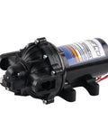 Everflo 12V On-Demand Diaphragm Sprayer Pump - 5.5GPM, 60 PSI, Quick Attach Ports, black, with labels and connectors visible