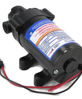 OEM Everflo 2.2 GPM, 12 Volt, 70 PSI, Diaphragm Pump EF2200 with wiring and label visible, side view.