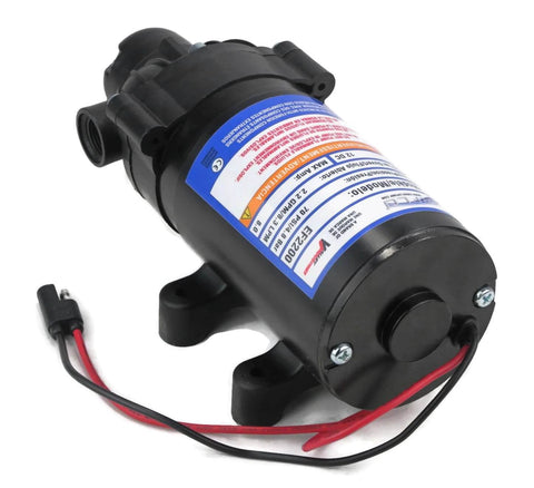 OEM Everflo 2.2 GPM, 12 Volt, 70 PSI, Diaphragm Pump EF2200 with wiring and label visible, side view.