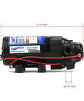 Side view of OEM Everflo 2.2 GPM, 12 Volt, 70 PSI, Diaphragm Pump EF2200, EF2200-BOX, EF2200BOX showing dimensions and ports