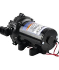Everflo 12V On-Demand Diaphragm Sprayer Pump - 5.5GPM, 60 PSI, Quick Attach Ports, black housing, side view with label