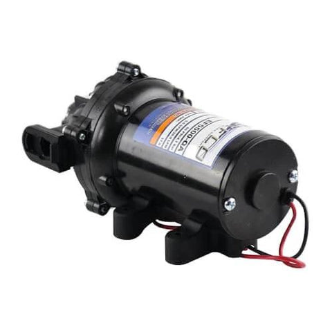 Everflo 12V On-Demand Diaphragm Sprayer Pump - 5.5GPM, 60 PSI, Quick Attach Ports, black housing, side view with label
