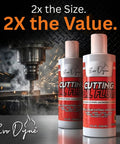 Industrial Grade Cutting Oil For Drilling Tapping And Milling 8 Oz Made In USA Safe On Metal And Glass Quality Fluid For Stainless Steel Titanium And All Metals Evo Dyne Engineered To Lubricate Cut And Cool Under High Pressure For CNC And Manual Machines, two bottles labeled Evo Dyne Cutting Oil Fluid next to a CNC machine.