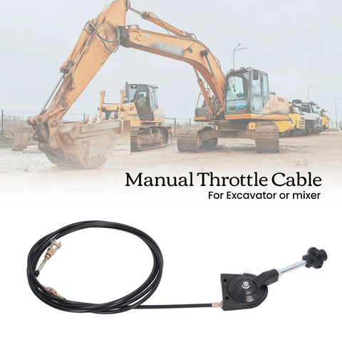 Universal Two Point Five Meter Excavator Throttle Cable Kit Manual Wire With Black Knob PU Cable And Stainless Steel Joints For Direct Pedal To Engine Connection Delivers Fast Precise Throttle Response For Excavators And Heavy Equipment shown with excavator in background.