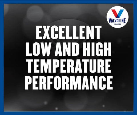 Text graphic highlighting excellent low and high temperature performance of Dexron VI Mercon LV Full Synthetic ATF For Automatic Transmissions, 1 Gallon, Smooth Shifts With Anti Shudder Protection, Anti Wear Technology, Maximized Power Transfer, And Enhanced Transmission Durability