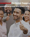 Group of diverse people smiling and giving thumbs up; text overlay 'Exceptional Customer Support' and 'Committed to prompt and reliable service'. 