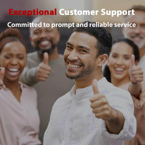 Group of diverse people smiling and giving thumbs up; text overlay 'Exceptional Customer Support' and 'Committed to prompt and reliable service'. 