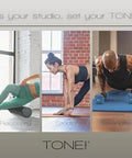 Three panels showing fitness activities: woman stretching on a roller, yoga pose, man doing push-ups