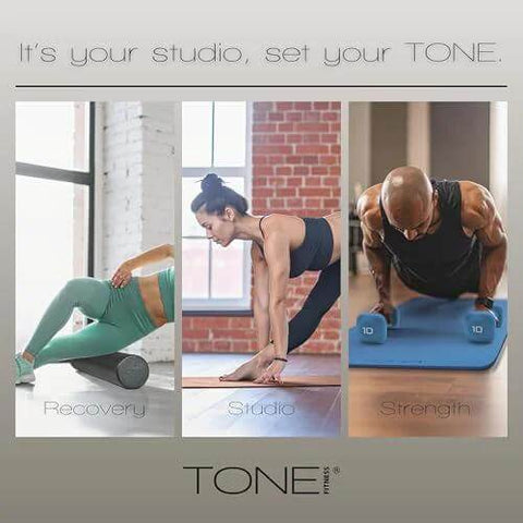 Three panels showing fitness activities: woman stretching on a roller, yoga pose, man doing push-ups