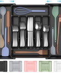 Expandable Extra Large Silverware Organizer For Deep Kitchen Drawers With Two Adjustable Panels BPA Free Food Safe Plastic For Spoons Forks And Knives Black No Assembly Needed Unfolds To Fit Most Drawers Keeps Flatware Neatly Separated, shown with utensils inside.