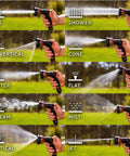 Expandable Garden Hose Copper Bullet With Ten Pattern Thumb Spray Nozzle showing different spray settings.