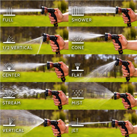 Expandable Garden Hose Copper Bullet With Ten Pattern Thumb Spray Nozzle showing different spray settings.