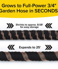 Expandable Garden Hose Copper Bullet With Ten Pattern Thumb Spray Nozzle As Seen On TV showing collapsed and expanded sizes