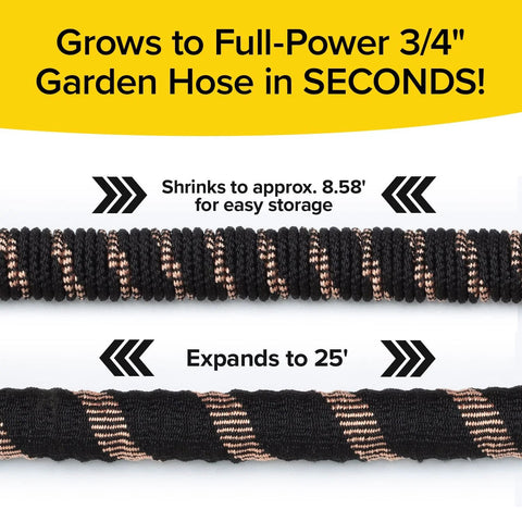 Expandable Garden Hose Copper Bullet With Ten Pattern Thumb Spray Nozzle As Seen On TV showing collapsed and expanded sizes