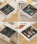 Effortlessly organize kitchen drawers with an expandable silverware organizer that stretches from 8.5 to 14 inches, featuring adjustable compartments for forks, spoons, and knives, BPA-free plastic, keeping flatware neatly separated and easy to reach, shown in kitchen, office, tools, and cosmetics drawers.