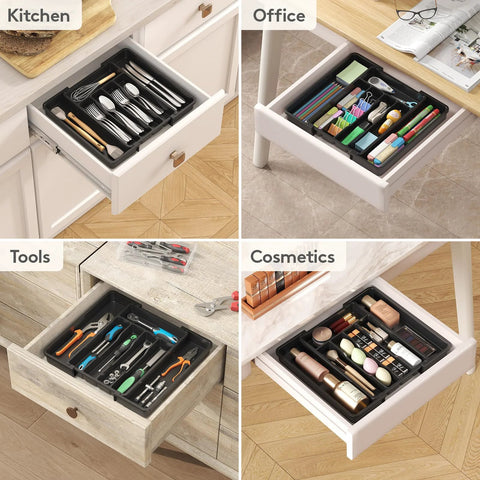 Effortlessly organize kitchen drawers with an expandable silverware organizer that stretches from 8.5 to 14 inches, featuring adjustable compartments for forks, spoons, and knives, BPA-free plastic, keeping flatware neatly separated and easy to reach, shown in kitchen, office, tools, and cosmetics drawers.