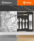 Effortlessly organize kitchen drawers with an expandable silverware organizer that stretches from 8.5 to 14 inches, showcasing before and after drawer organization.