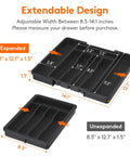Effortlessly organize kitchen drawers with an expandable silverware organizer that stretches from 8.5 to 14 inches.