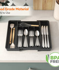 Effortlessly organize kitchen drawers with an expandable silverware organizer that stretches from 8.5 to 14 inches, featuring adjustable compartments for forks, spoons, and knives, BPA-free plastic, keeping flatware neatly separated and easy to reach.